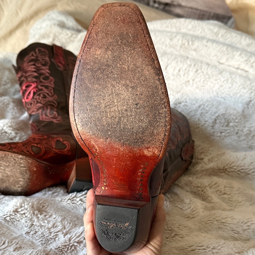 Tony Lama Dark Brown and Red Embroidered Heeled Boots - Picture 3 of 5